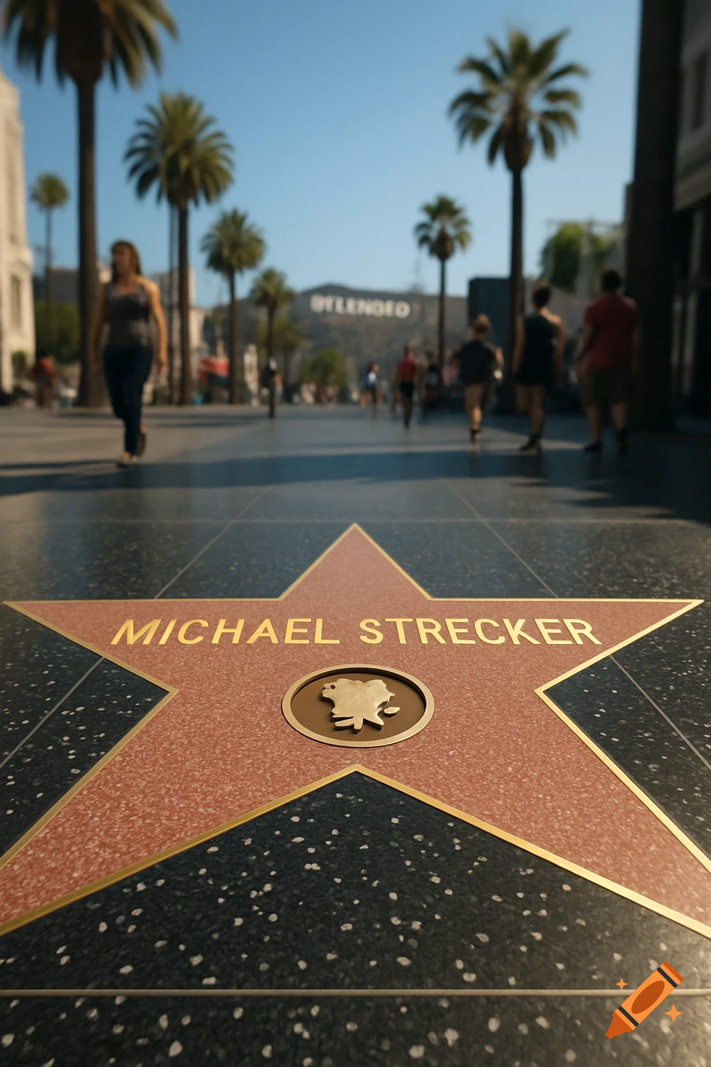A low-angle shot of a Hollywood Walk of Fame star for 'Michael Strecker' on a sunny day, with blurred pedestrians and palm trees in the background, and a distorted 'Hollywood' sign visible on a distant hill.