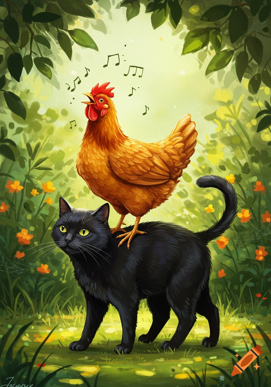 A stylized illustration of a hen standing on the back of a black cat, both in a lush green forest with musical notes above the hen.