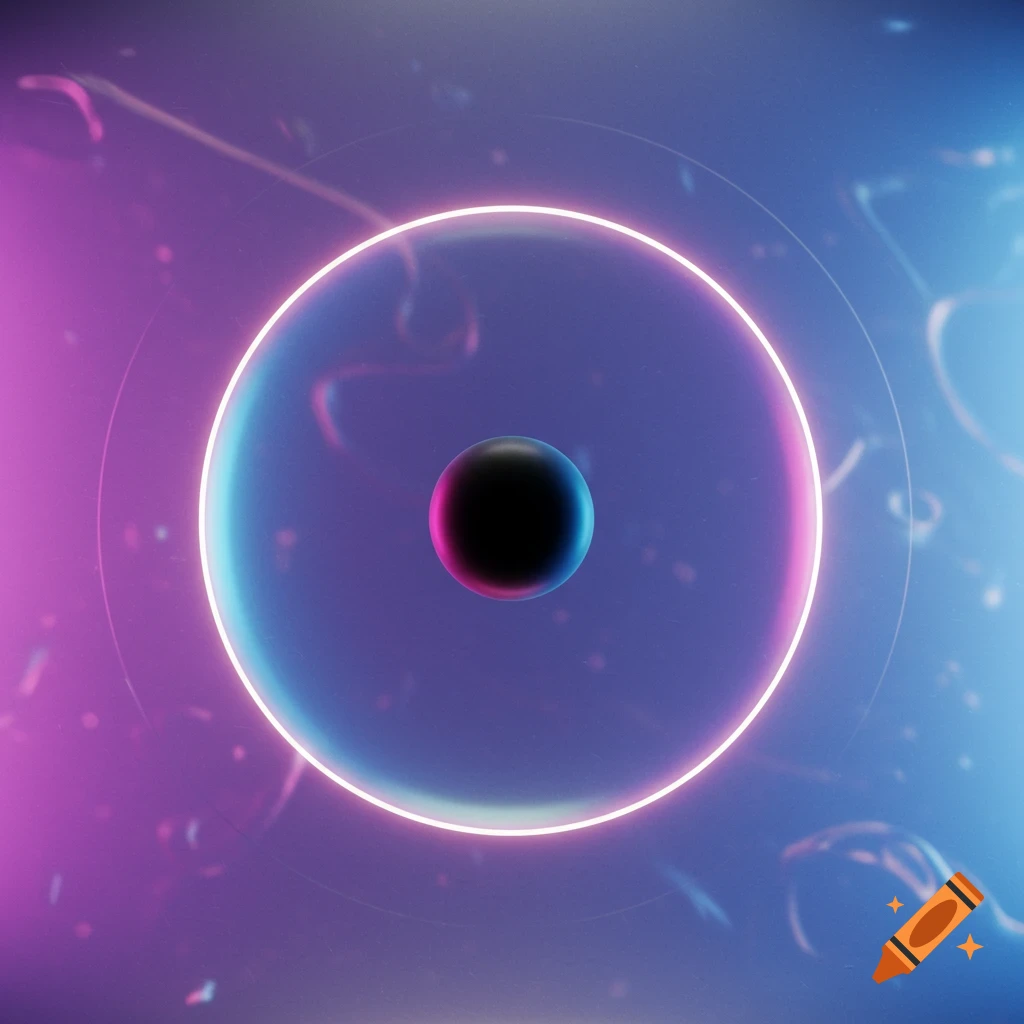 A dark sphere centered within a glowing neon circle, against a swirling backdrop of blue and purple light.