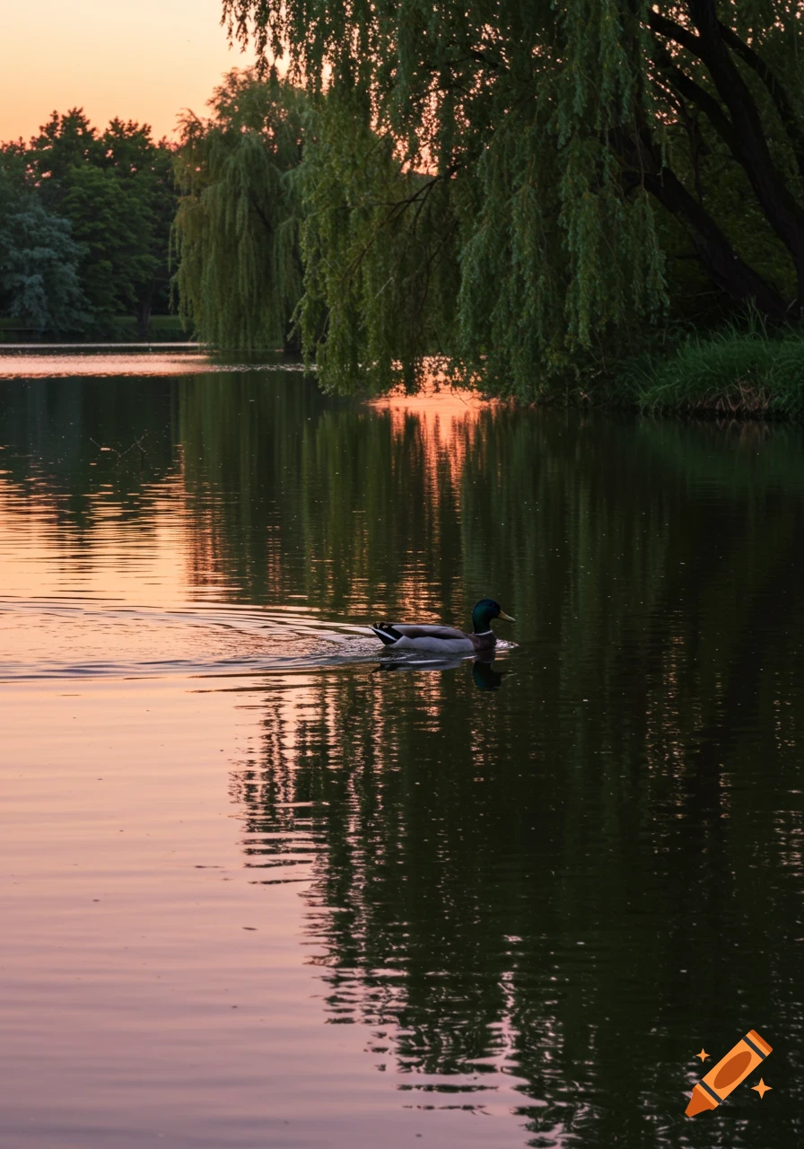 A mallard duck swims in a calm pond with warm reflections of an orange sky and weeping willow trees at sunset.