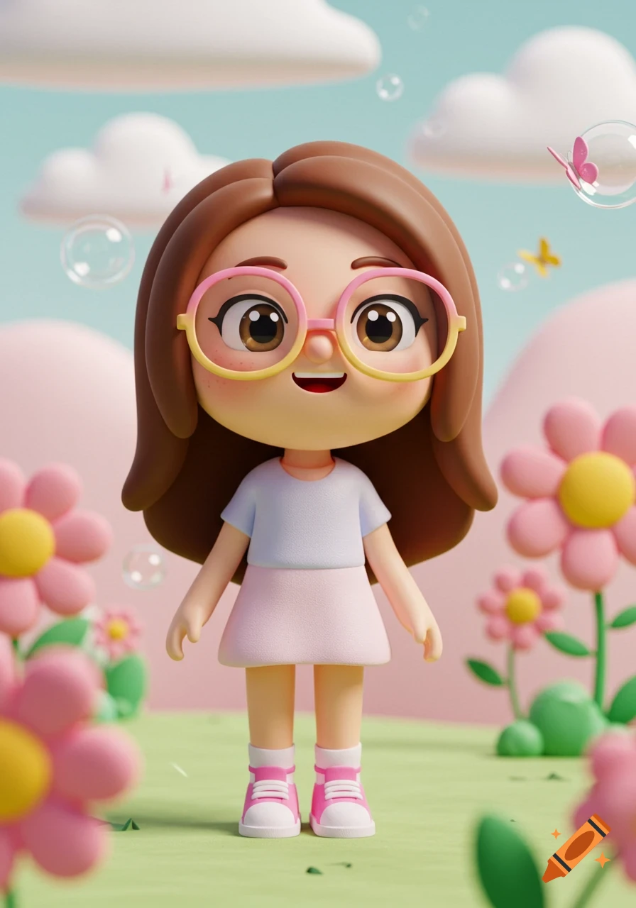 A smiling 3D cartoon girl with brown hair, pink and yellow glasses, blue shirt, and pink skirt stands in a whimsical field with flowers, clouds, and bubbles.