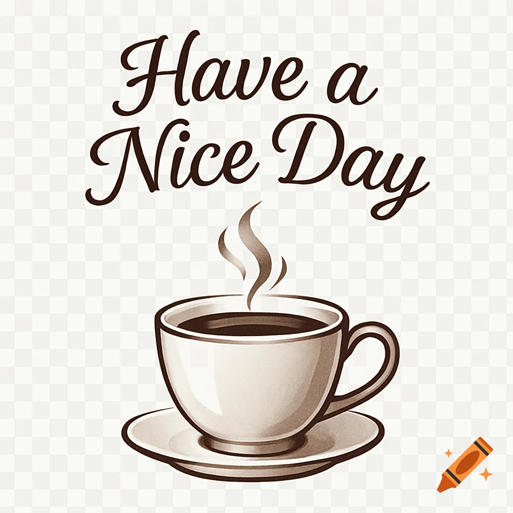 Stylized illustration of a steaming coffee cup with 'Have a Nice Day' text on a transparent background.