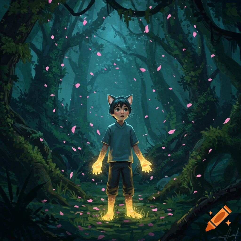 A boy with cat ears and glowing hands/feet stands in a dark fantasy forest with falling pink petals.