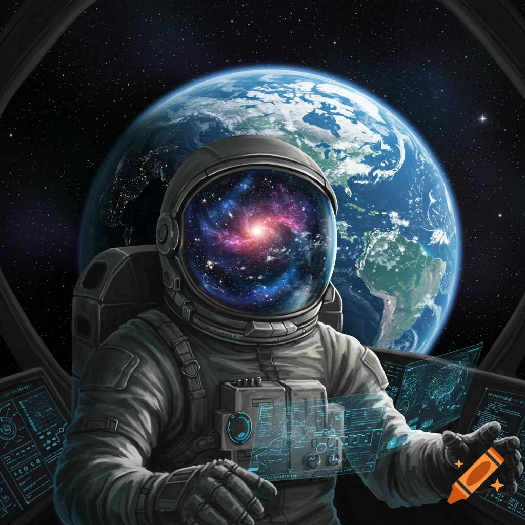 An astronaut with a galaxy reflected in their helmet sits at a spaceship's controls, with planet Earth visible through the window.