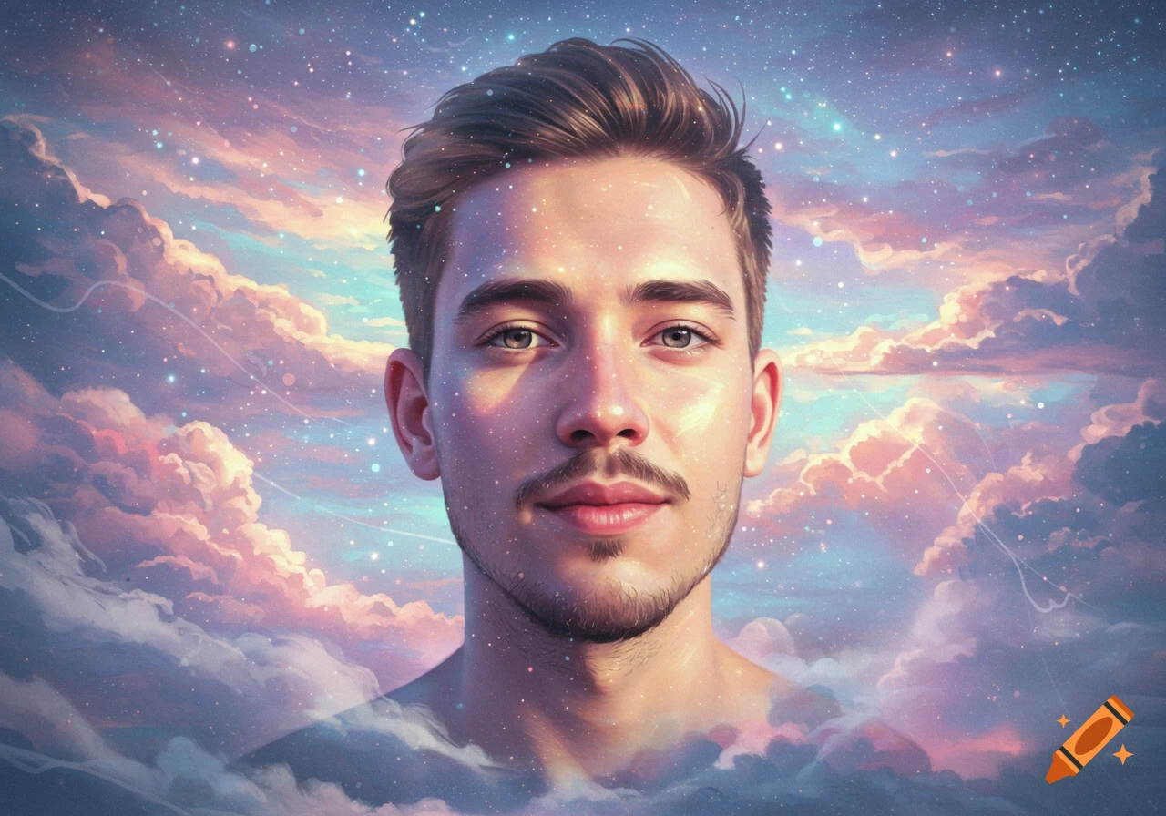 A man's head and shoulders emerge from a celestial background of pastel clouds and sparkling stars.