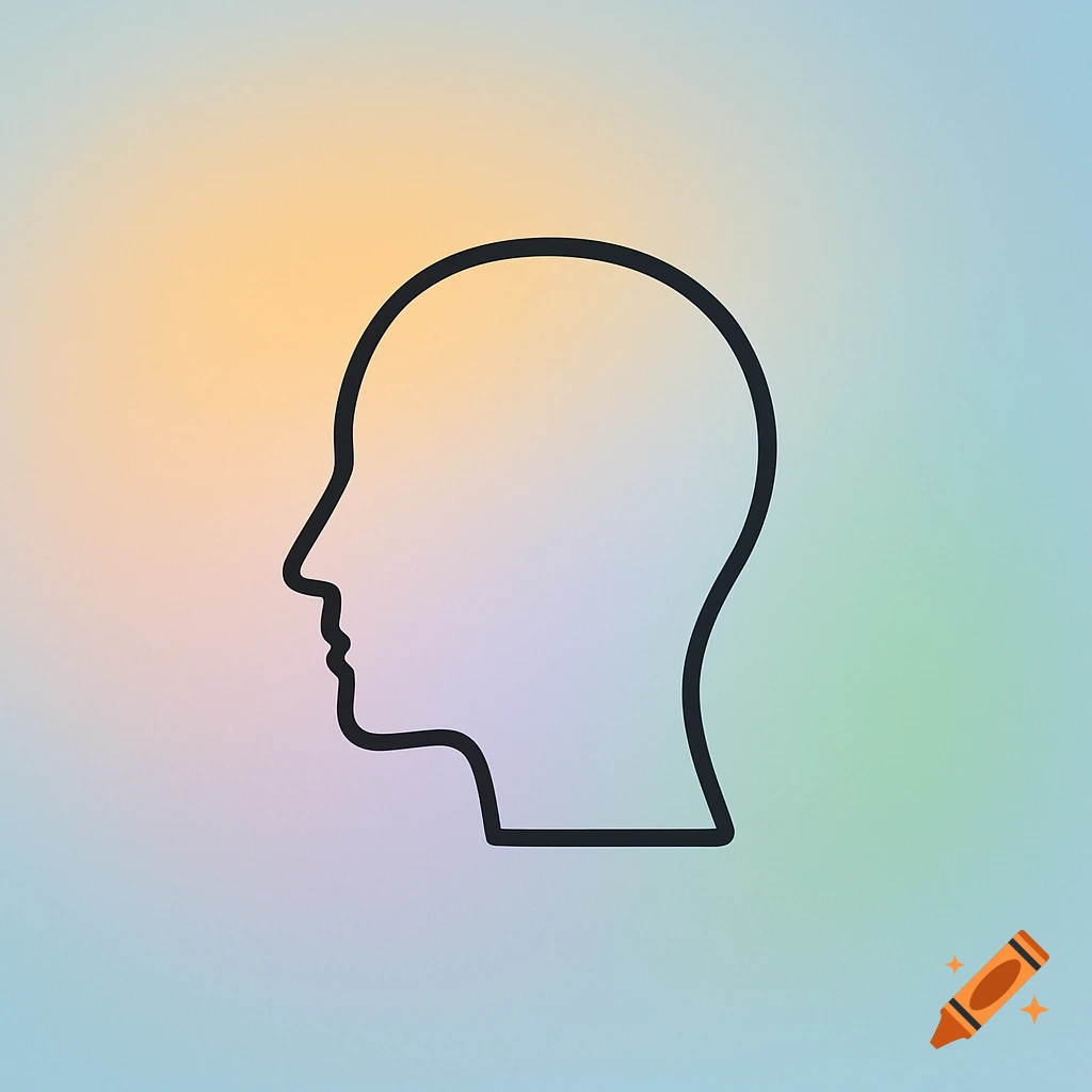 Minimalist flat art logo featuring a black outline of a human head in profile against a soft gradient background of blue, orange, yellow, purple, and green.