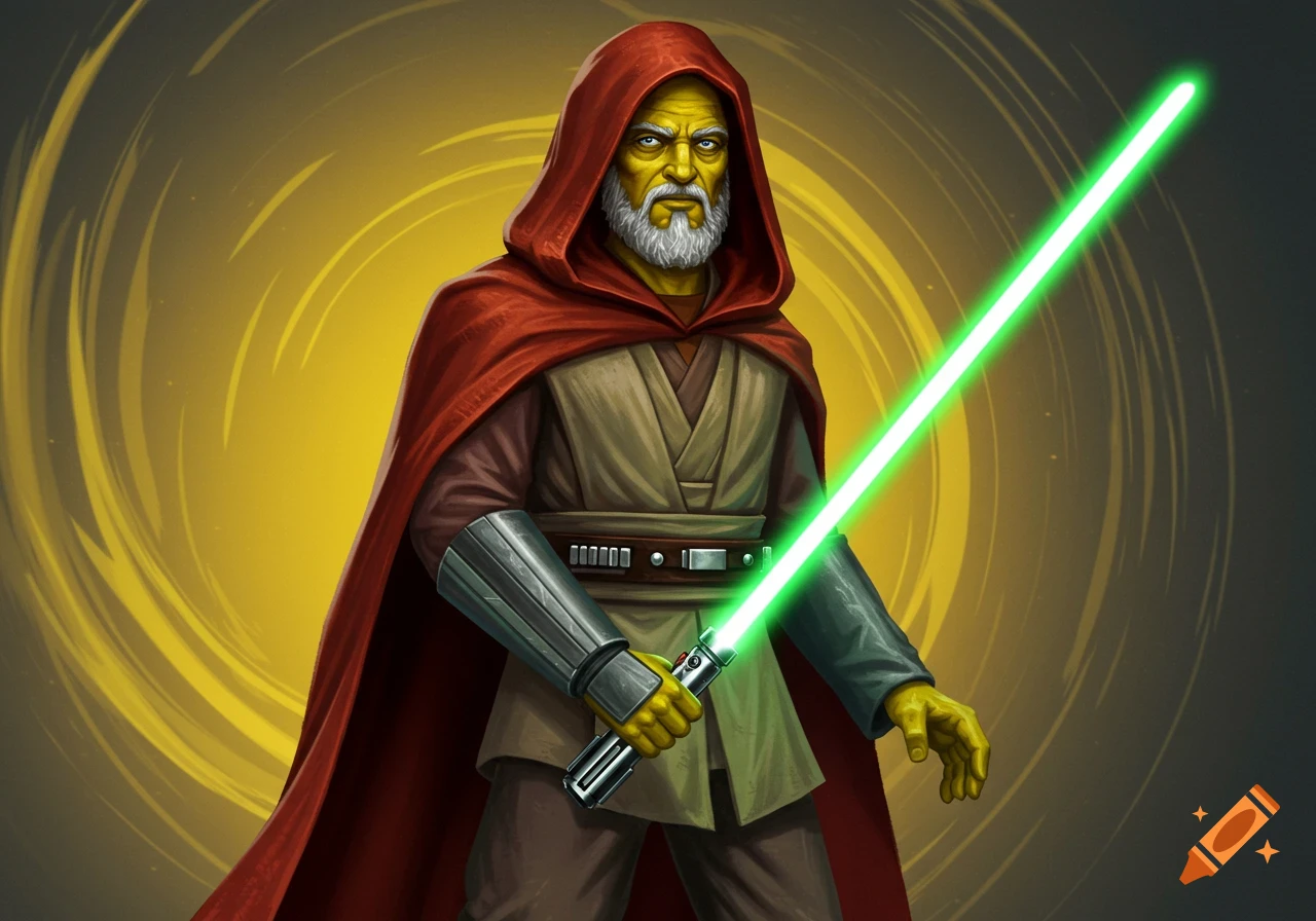 A yellow-skinned man with a grey beard, wearing a red hooded cape and robes, holds a glowing green lightsaber in an illustrative style.