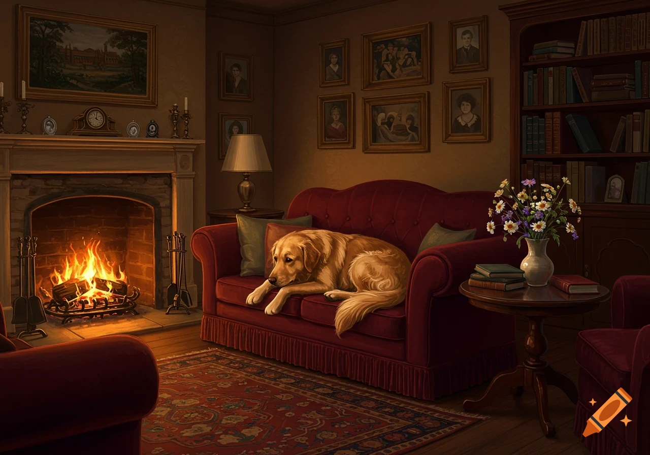 A golden retriever rests on a red sofa in a cozy living room with a fireplace and bookshelf, illustrated.