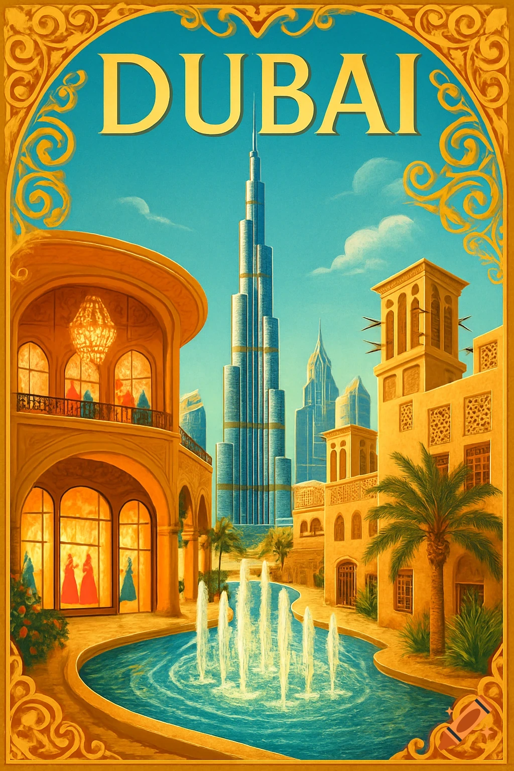 Stylized travel poster of Dubai with the Burj Khalifa, traditional architecture, a fountain, and ornate gold frame, with 'DUBAI' at the top.