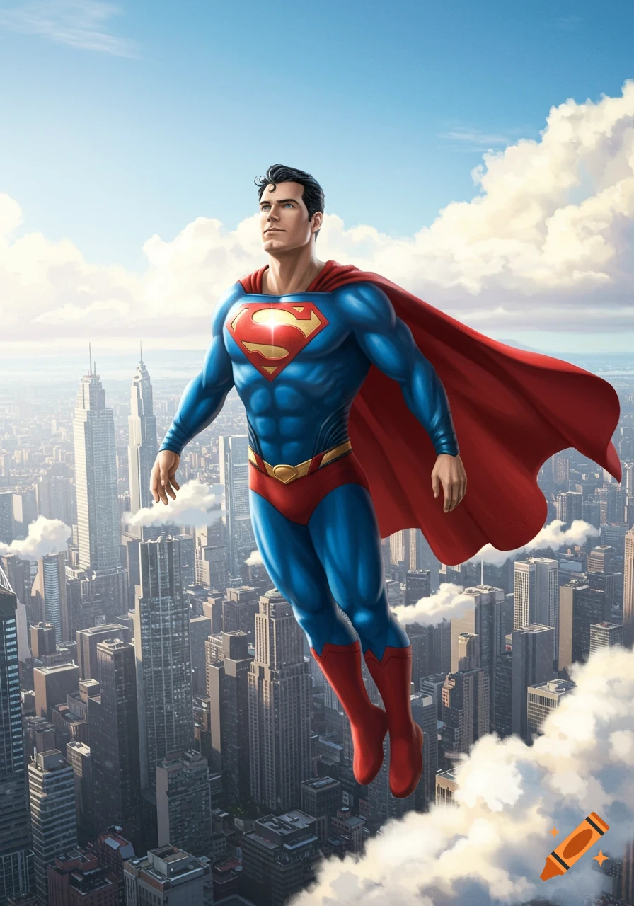 Superman flying powerfully above a sprawling city with clouds, in a vibrant comic book illustration style.