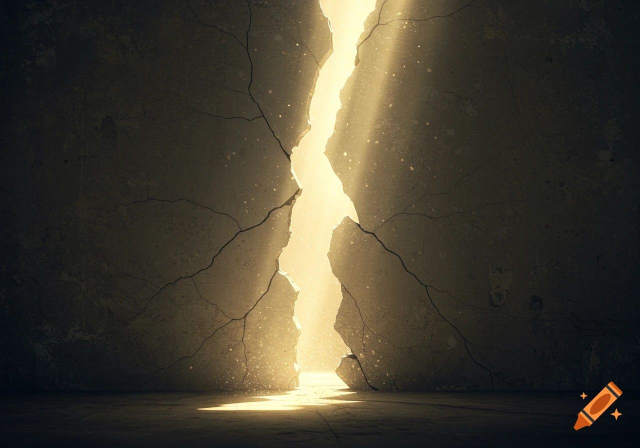 A cracked concrete wall with a bright golden light streaming through a vertical gap, illuminating dust particles.