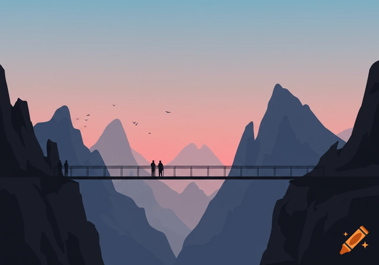 Minimalist graphic illustration: silhouettes of people on a bridge spanning a mountain valley at sunset.