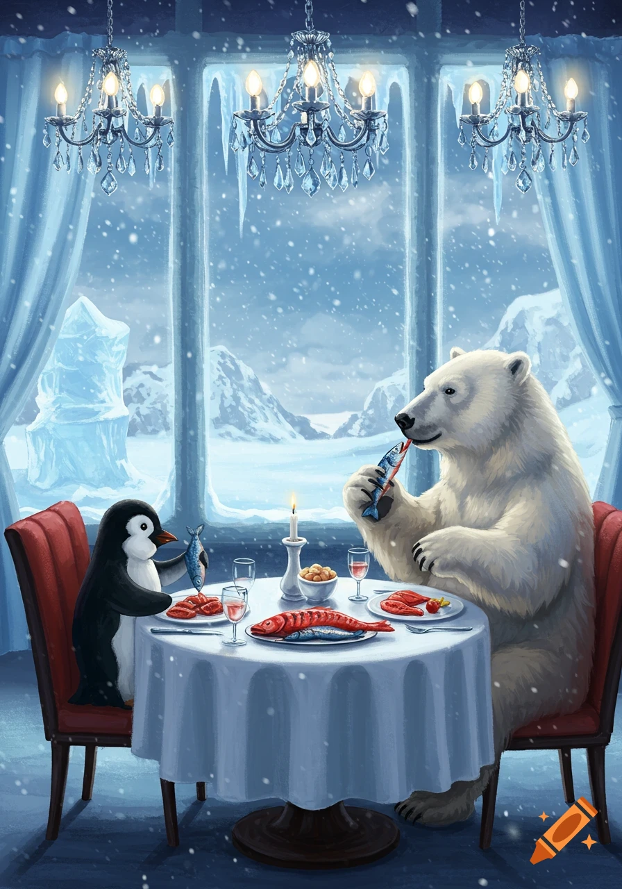 A whimsical illustration of a polar bear and penguin eating fish at a restaurant table, snow falling outside.
