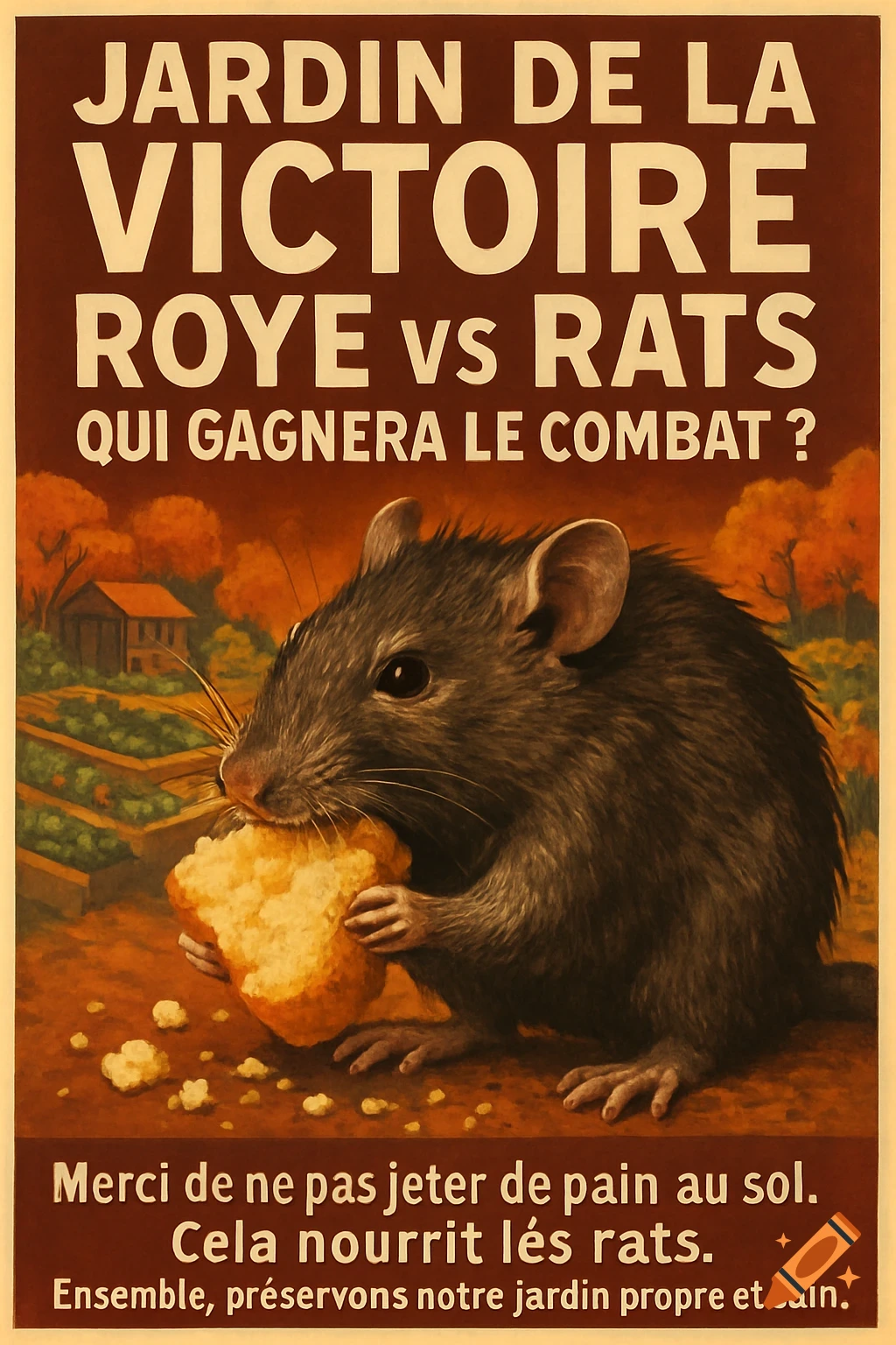 A vintage-style poster depicting a large rat eating a piece of bread in a garden, with French text about not feeding rats.