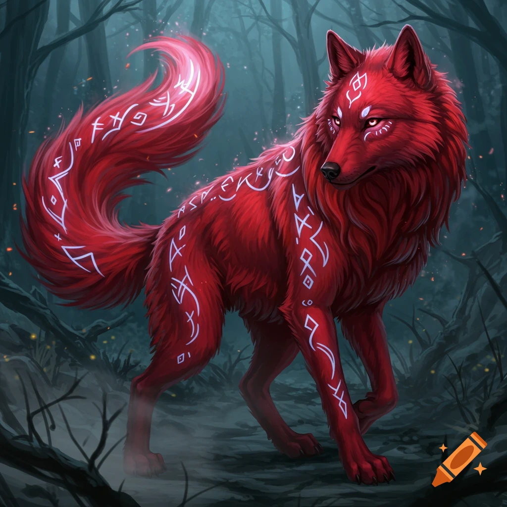 A striking crimson red wolf with glowing eyes and white runic symbols stands in a dark, mystical forest.