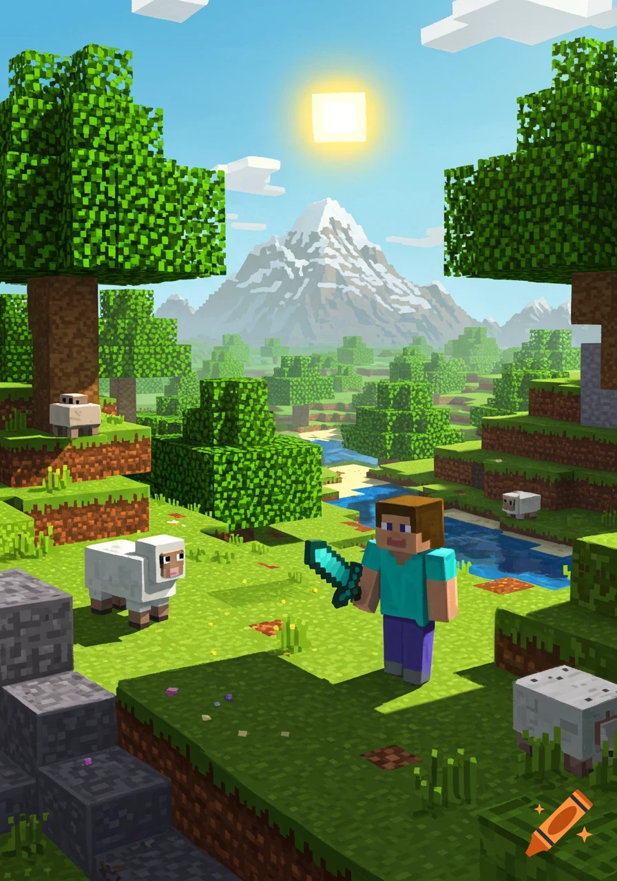 A blocky Minecraft landscape with Steve holding a diamond sword, sheep, trees, a river, and snowy mountains under a bright sun.