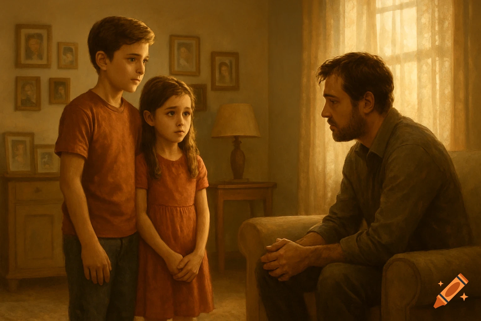 A man sits on a sofa, listening intently to a boy and girl who stand before him in a warm, dimly lit room, digital painting.