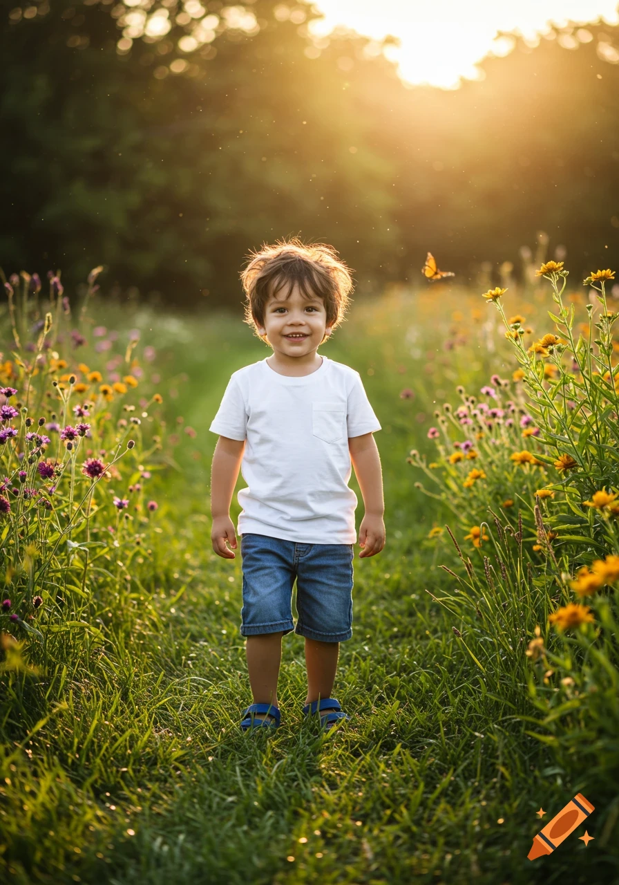 Smiling young boy with messy hair stands in a field of wildflowers with a butterfly, backlit by golden hour sunlight.