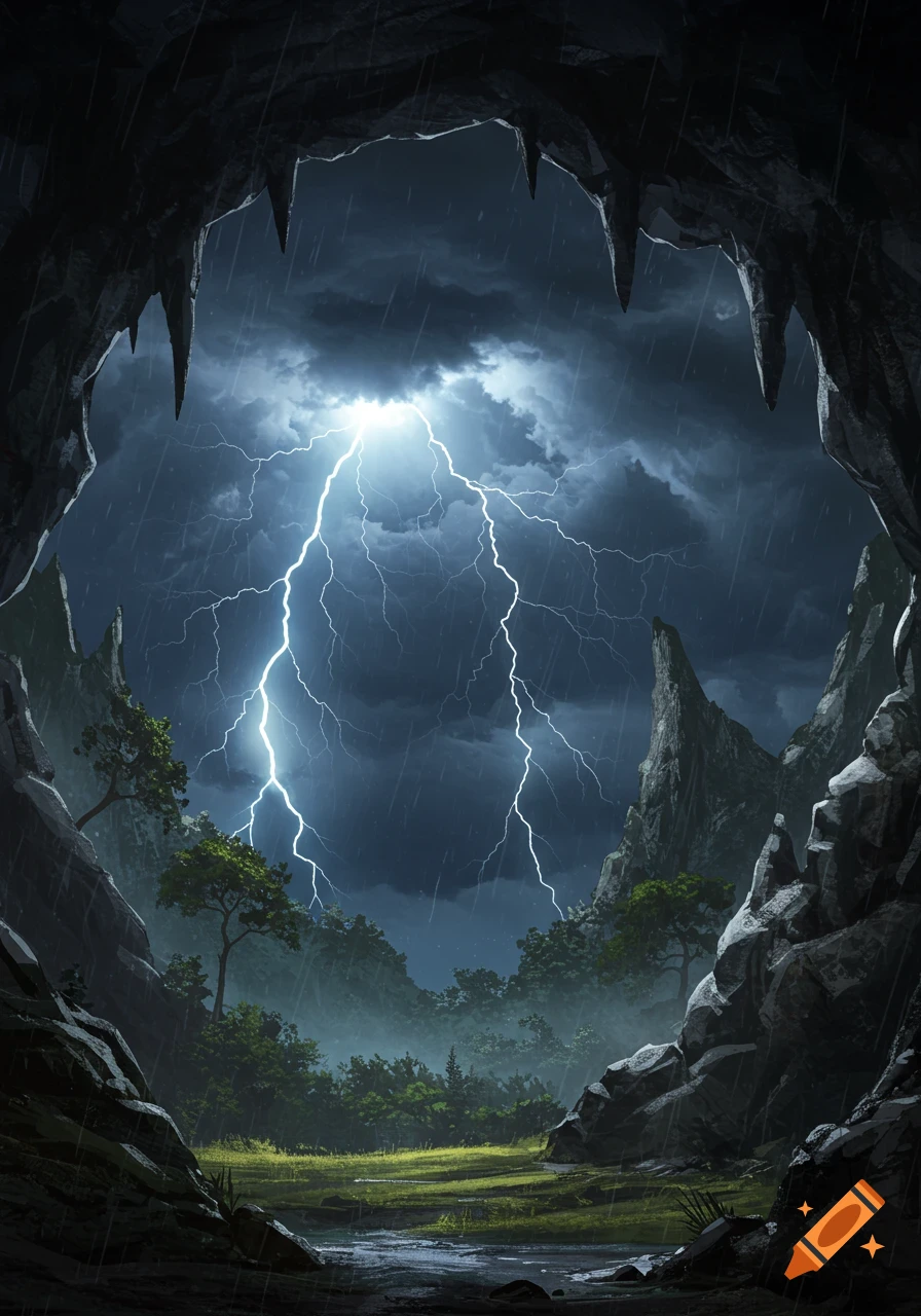 Digital painting of a dramatic view from a cave mouth, revealing a stormy landscape with heavy rain and bright lightning over mountains.