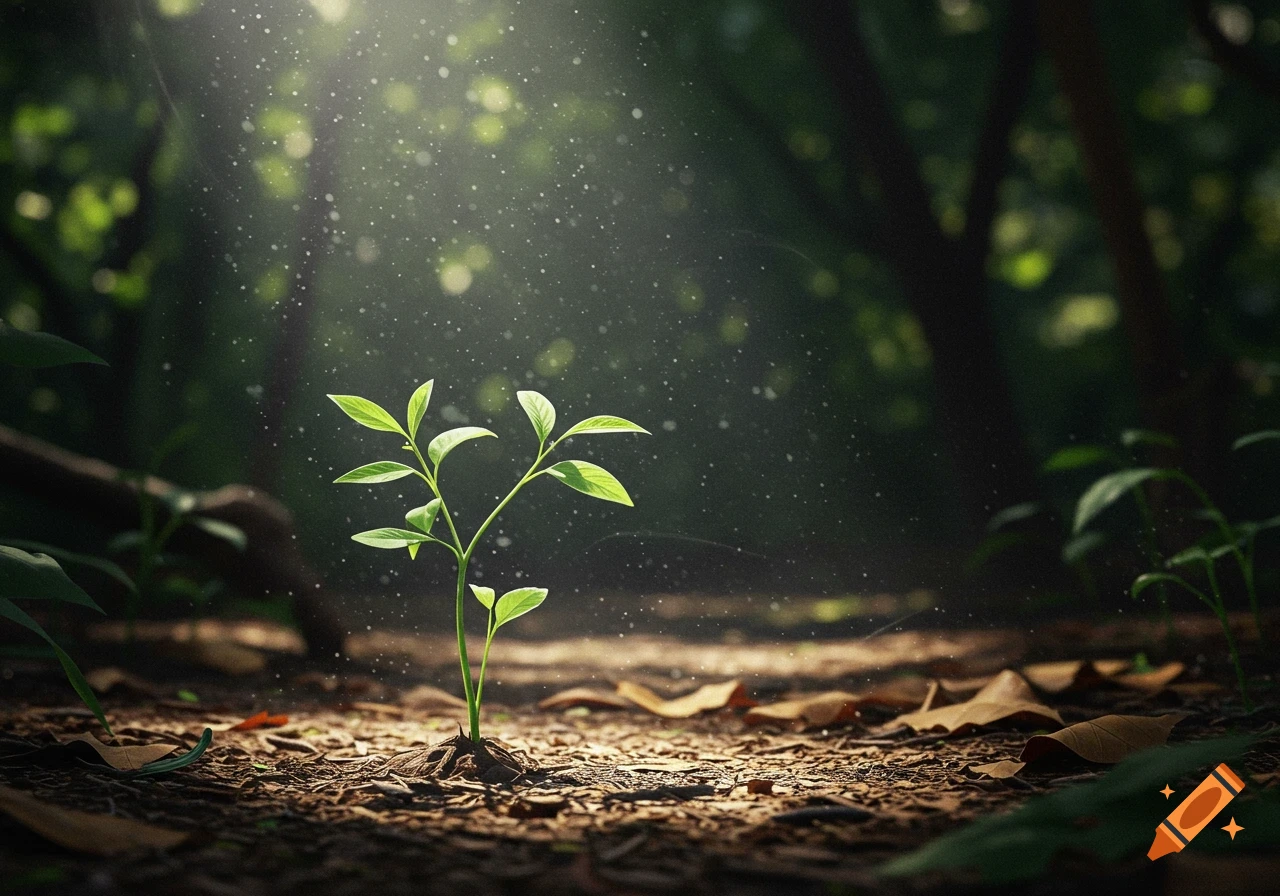 A small green plant grows in the dappled sunlight of a dark forest, with visible dust particles in the air.