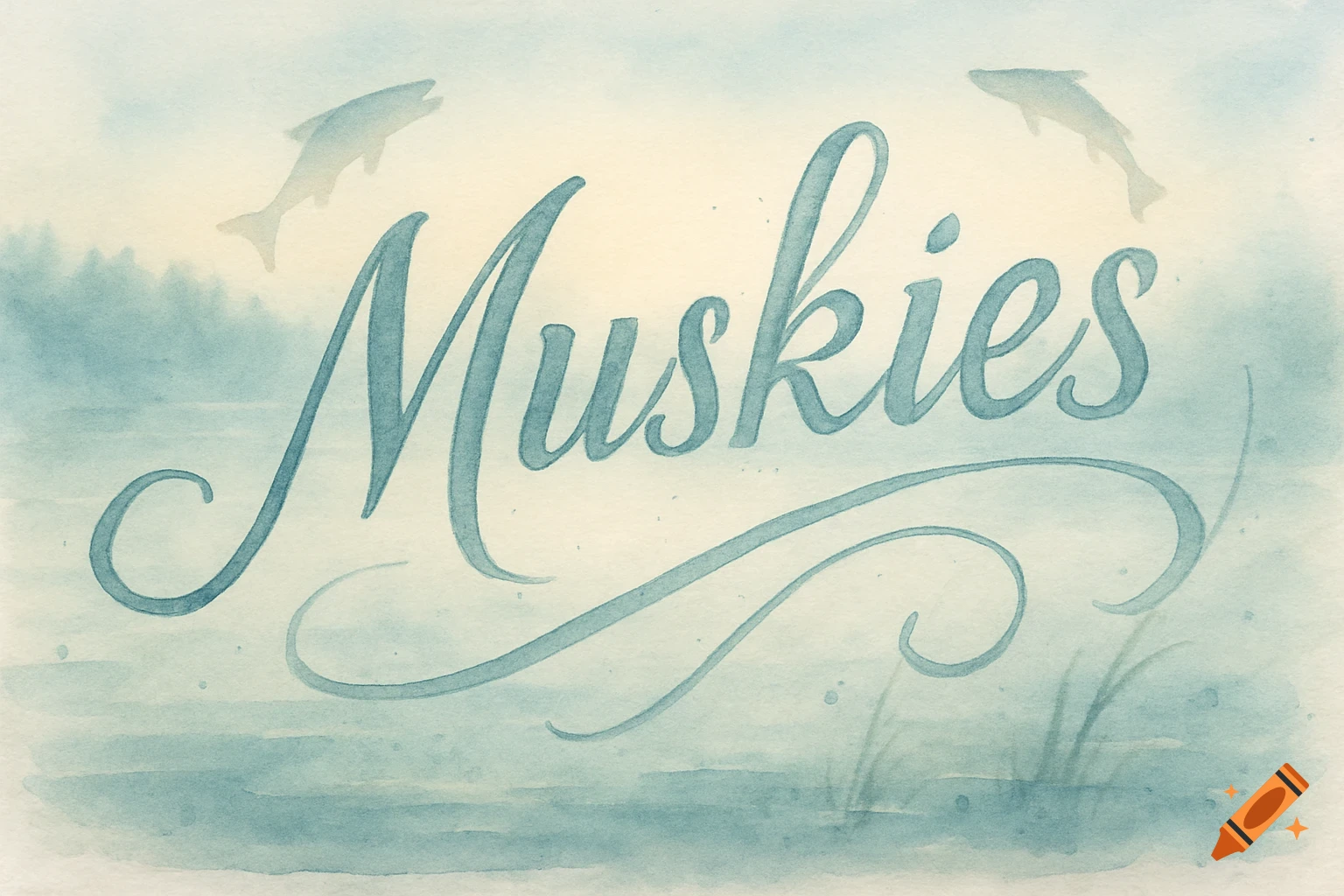 Watercolor illustration of the word 'Muskies' in blue cursive, with two light blue fish silhouettes and a lake and forest background.
