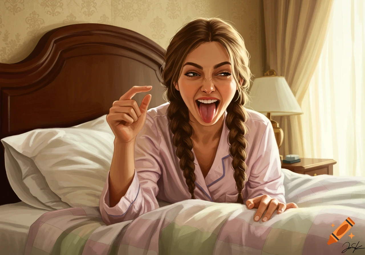 Digital painting of a playful woman in pajamas lying in bed, sticking her tongue out and making a tiny gesture.