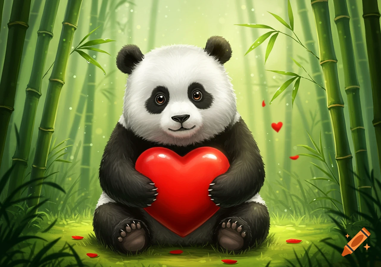 A cute fluffy panda sits in a bamboo forest, holding a shiny red heart, in a stylized illustration.
