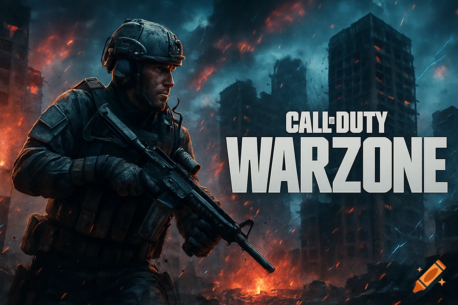 A photorealistic image of a soldier with a rifle in a destroyed, fiery city with "CALL OF DUTY WARZONE" text.