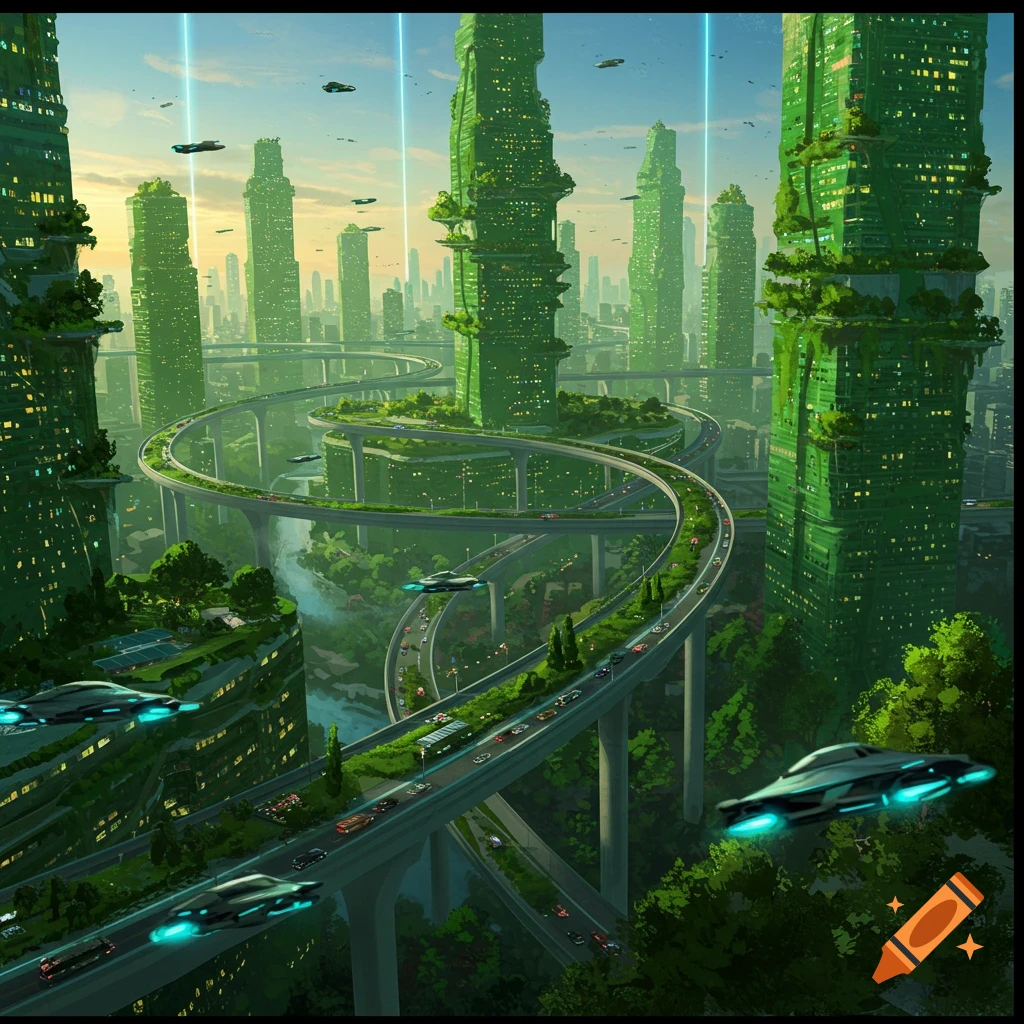 A vibrant futuristic cityscape with towering green skyscrapers, winding elevated highways, and sleek flying cars under a bright sky.