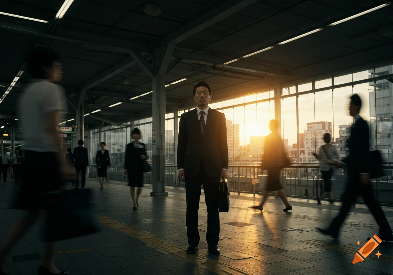 A serious Japanese businessman in a dark suit stands still on a busy train station platform at sunset, surrounded by blurred commuters.