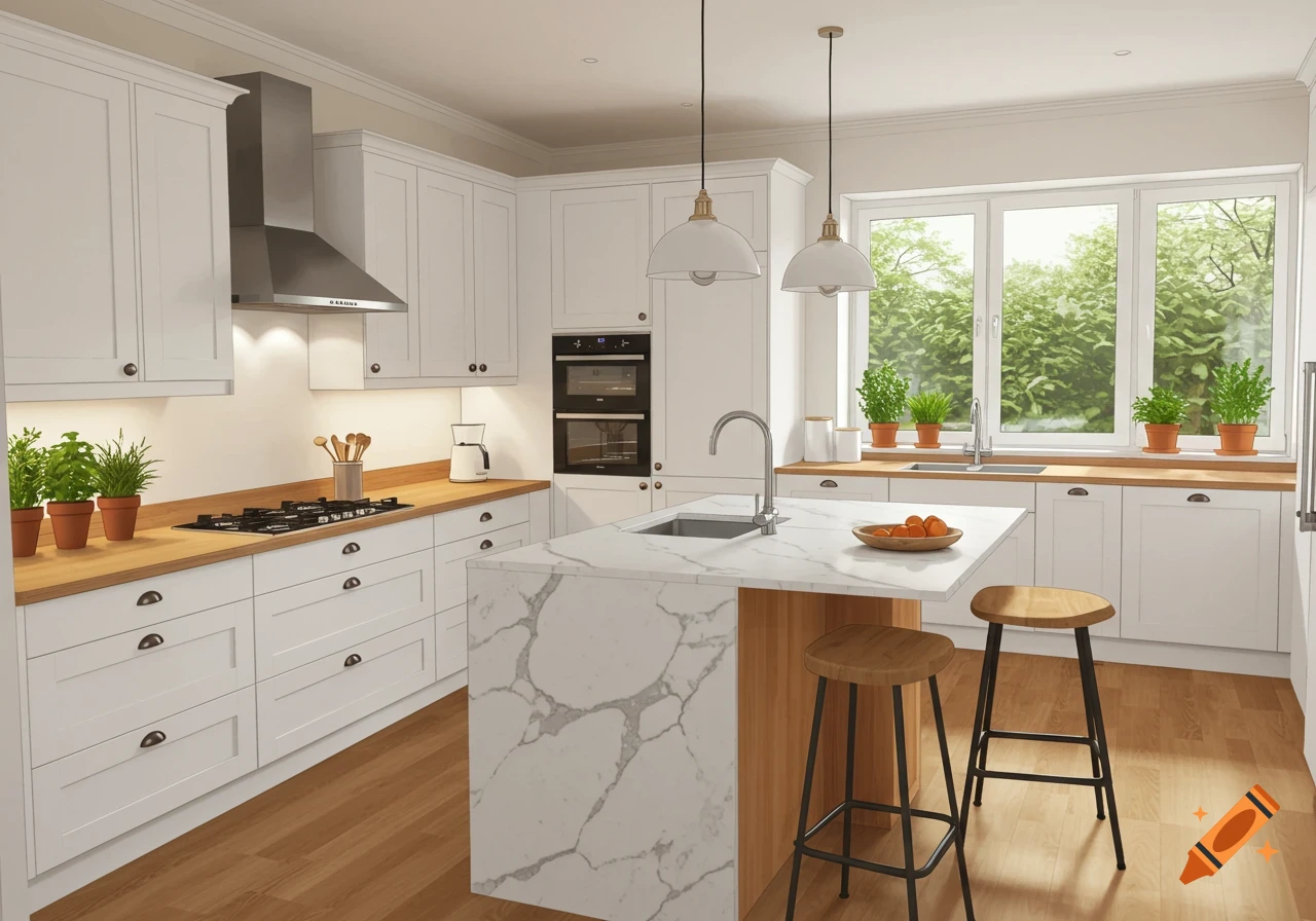 Bright, modern kitchen with white cabinets, wood countertops, marble island, two stools, and large windows.
