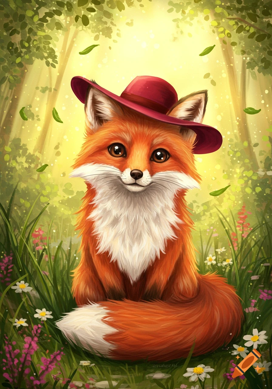 A cute orange fox wearing a red hat sits in a vibrant, sunlit forest with flowers and falling leaves, in an illustration style.
