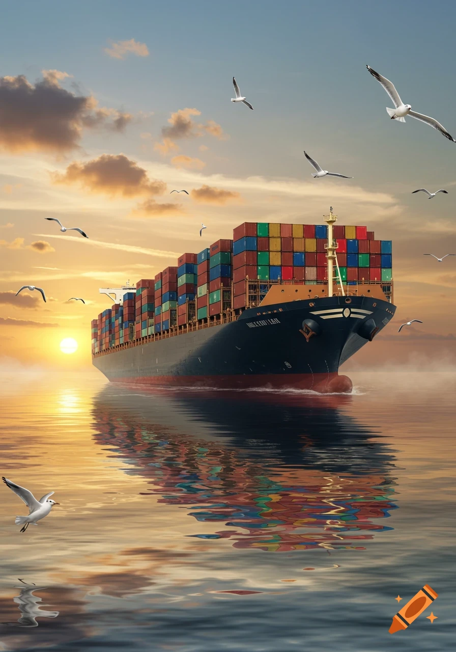 A large container ship sails on calm water at sunset, with numerous seagulls flying overhead. Vibrant reflections shimmer.