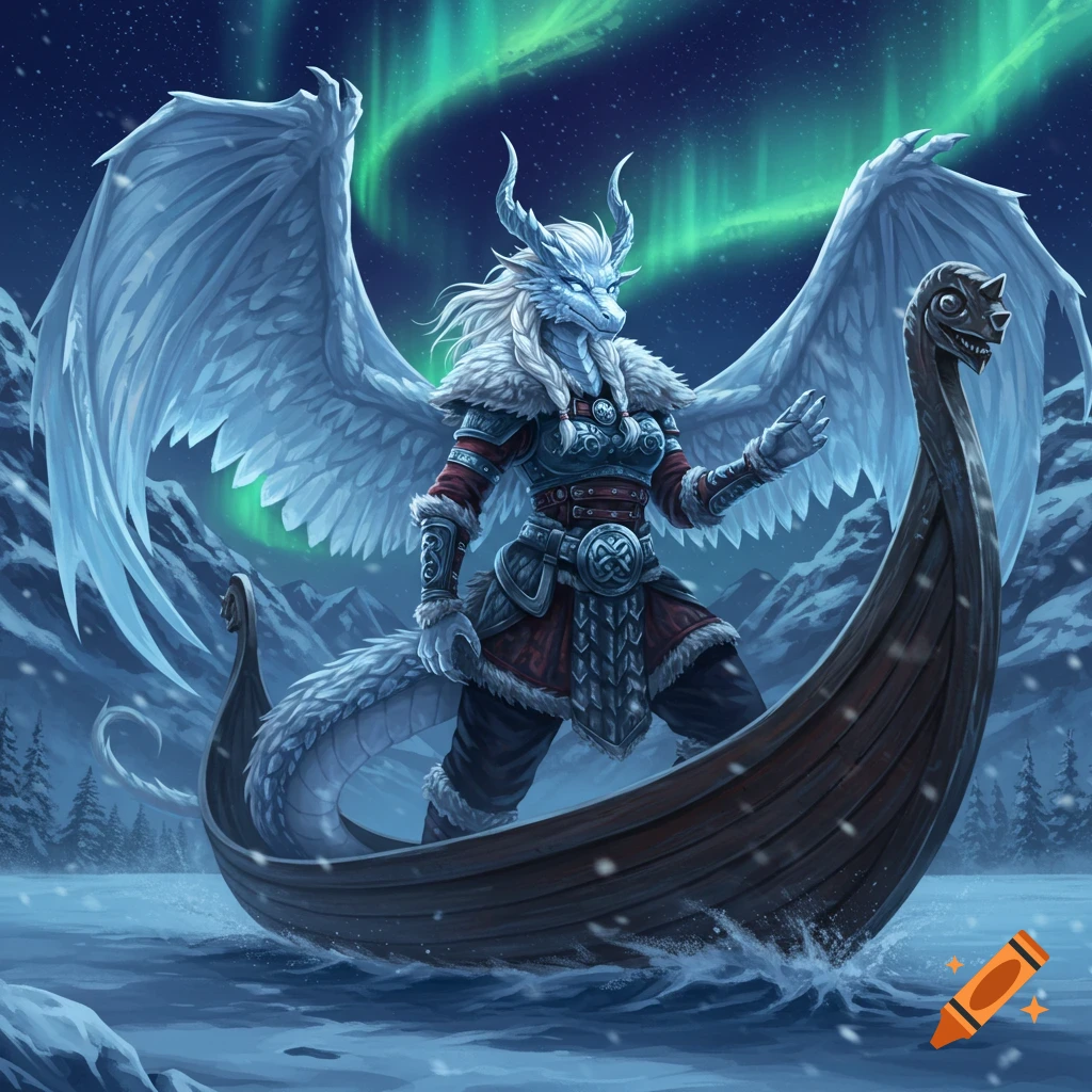 A majestic anthropomorphic ice dragon woman in Viking armor stands in a longboat on icy waters under an aurora-lit night sky.