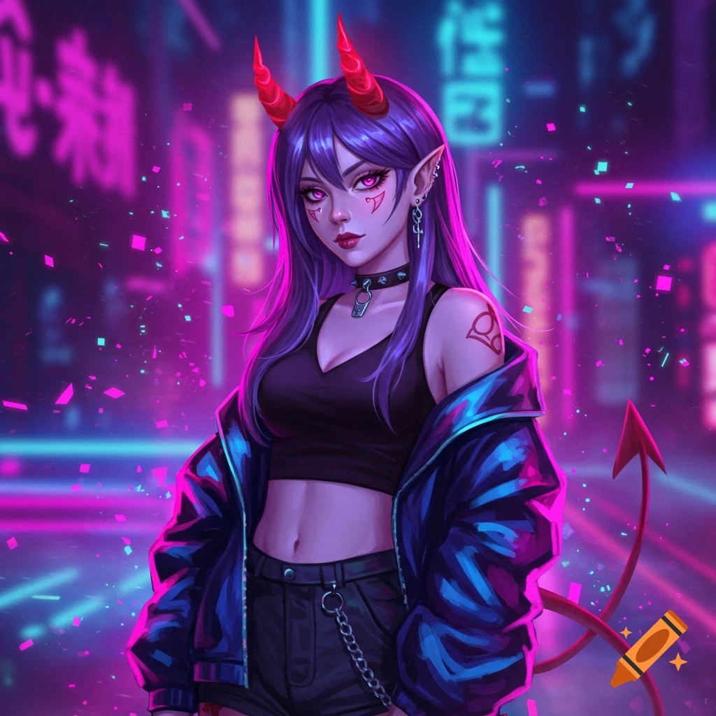 Anime e-girl with purple hair, red demon horns, and a tail, wearing a crop top and jacket in a neon cyberpunk city.