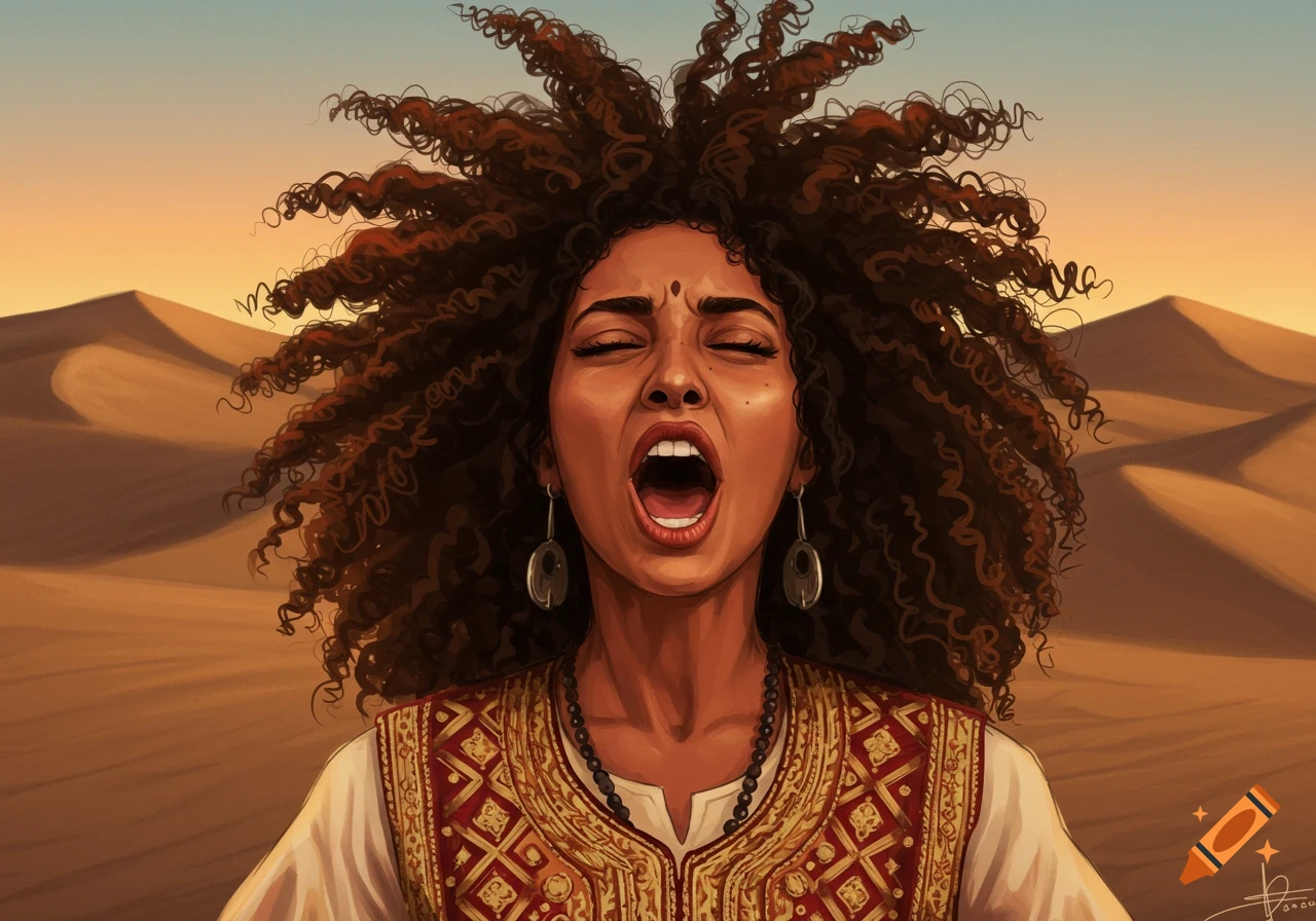Digital illustration of an Algerian woman with voluminous curly hair screaming in a desert landscape with sand dunes.