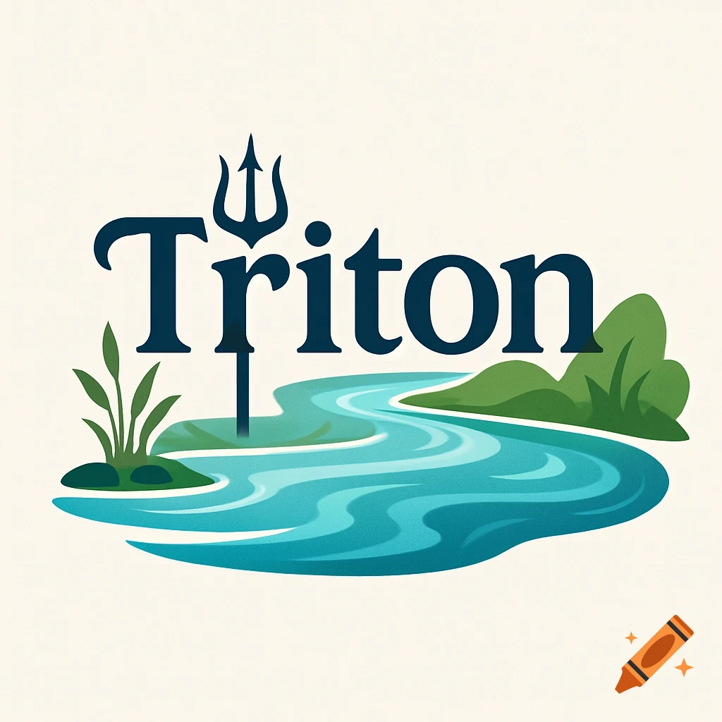 A logo for Triton, featuring the word 'Triton' in dark blue above a winding blue river, with green foliage and a trident.