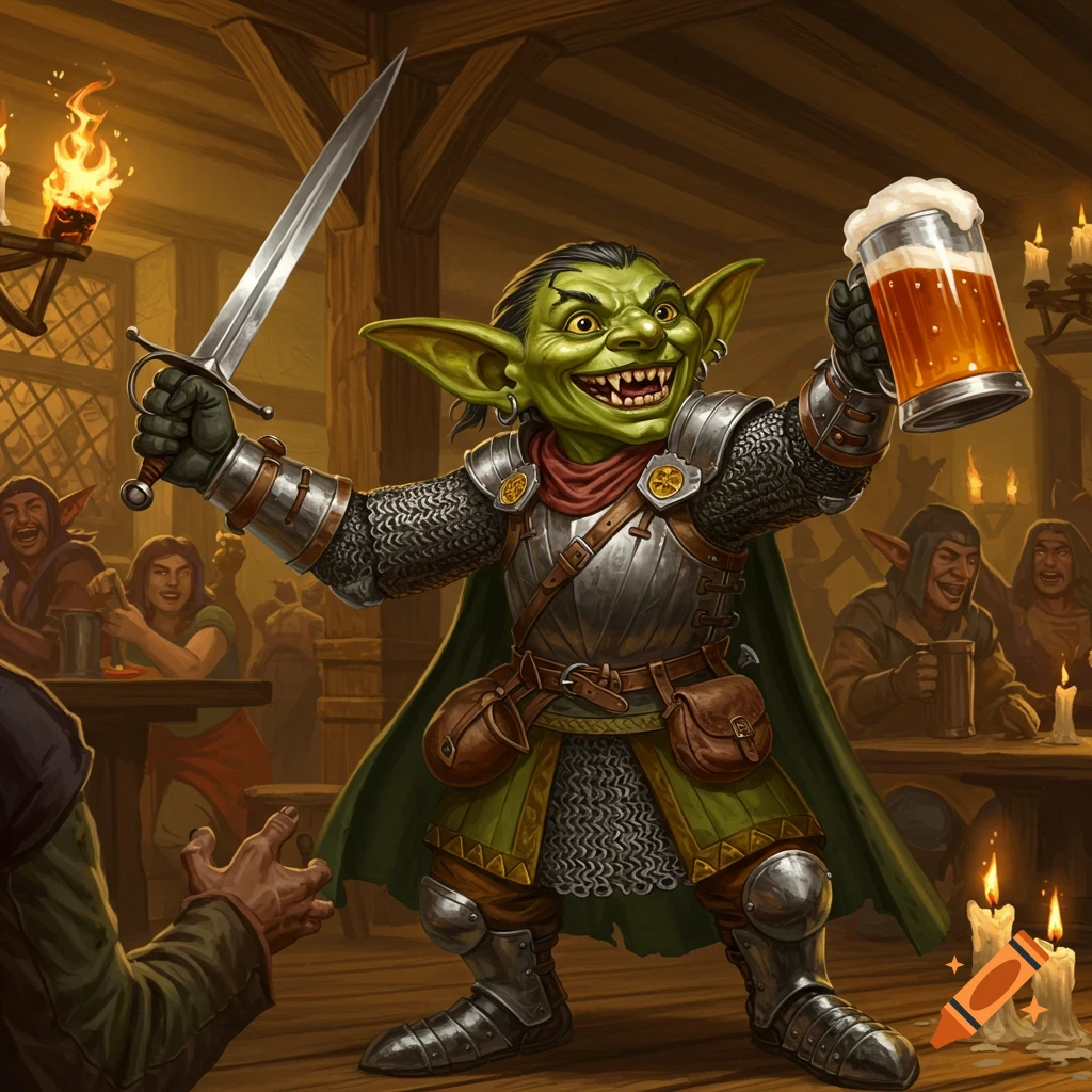 A jubilant goblin warrior in chainmail armor, holding a sword and a frothy mug of beer, stands in a rustic tavern.
