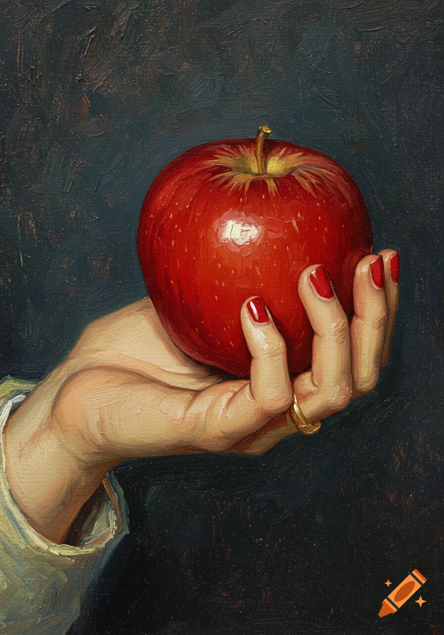 Impressionistic painting of a hand with red nails holding a vibrant red apple against a dark background.