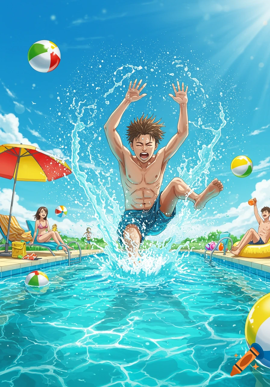 Anime drawing of a man making a big splash jumping into a sunny pool, with people relaxing nearby.
