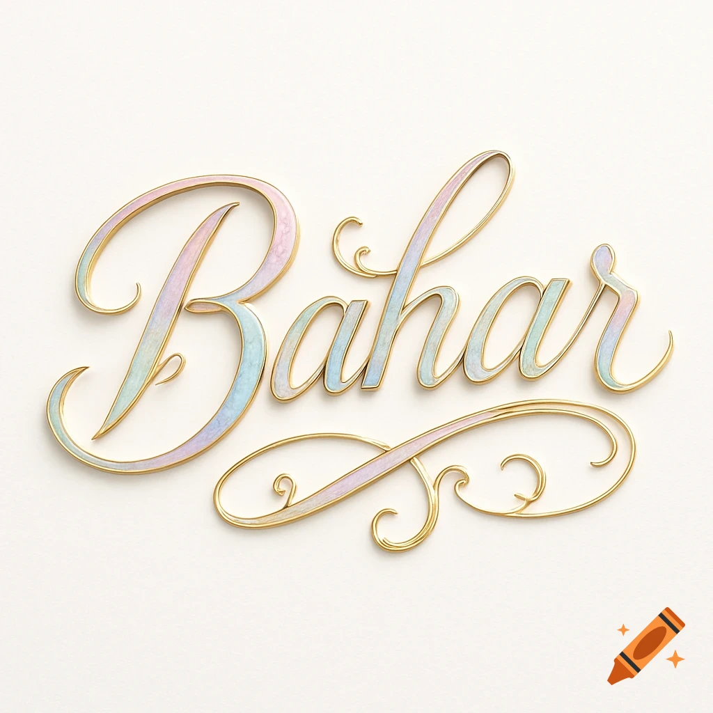 Elegant golden script typography of the name 'Bahar' with iridescent infill on a white background.