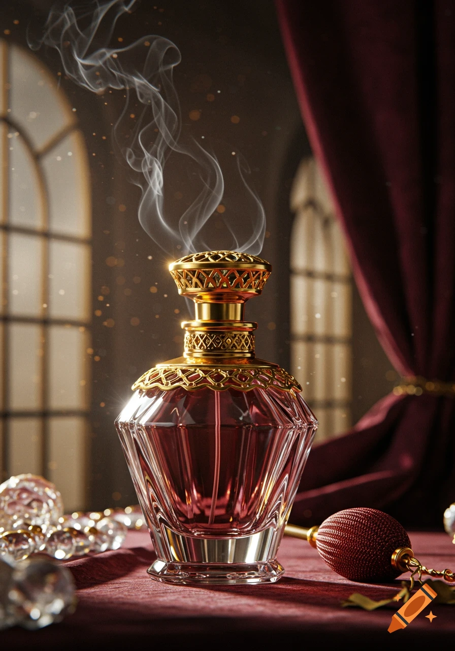 A luxurious, ornate gold and glass perfume bottle with pink liquid emitting smoke, set on a velvet surface with jewels in an elegant room.