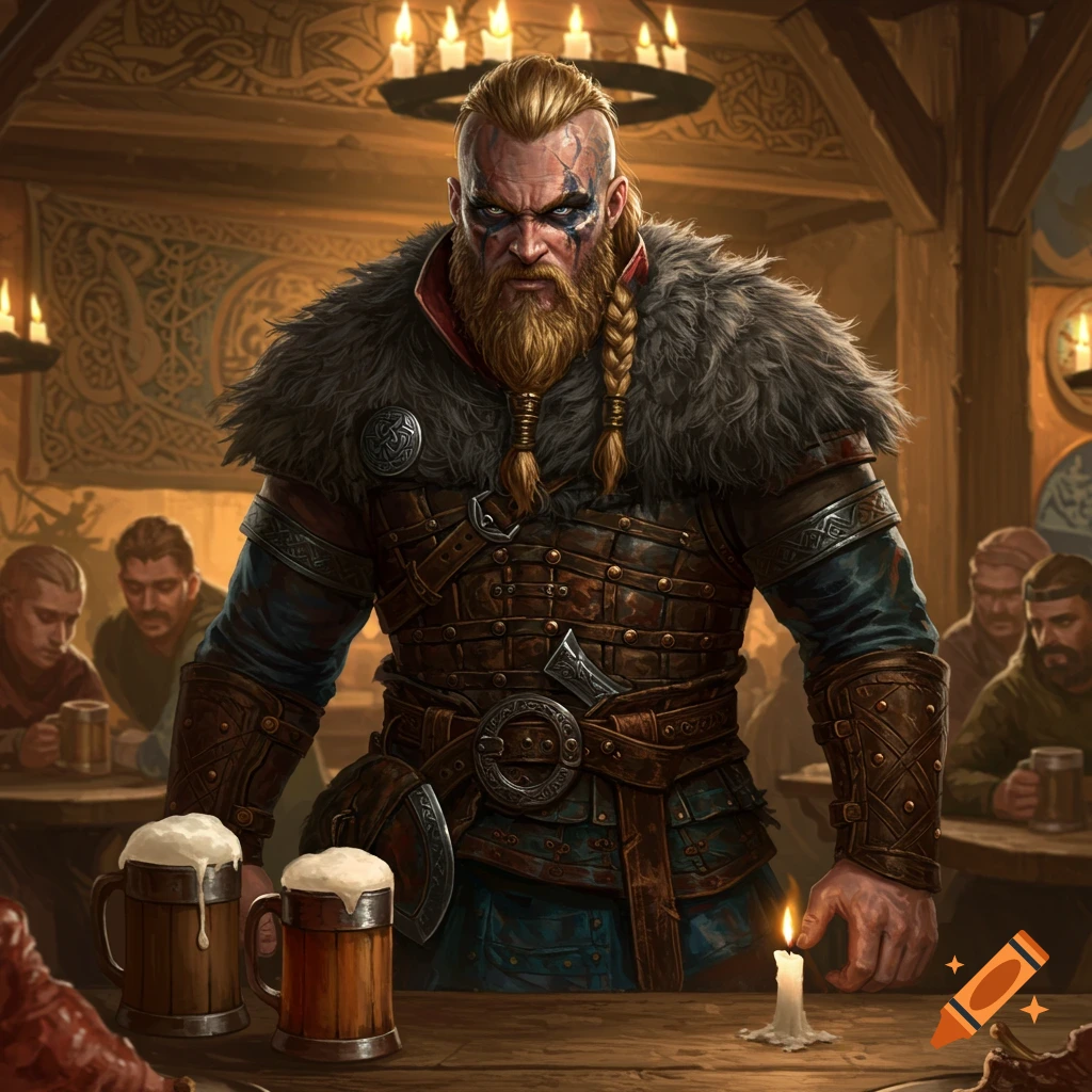 A stern Viking man with braids and warpaint stands at a wooden table with beer mugs in a dimly lit tavern, digital art.