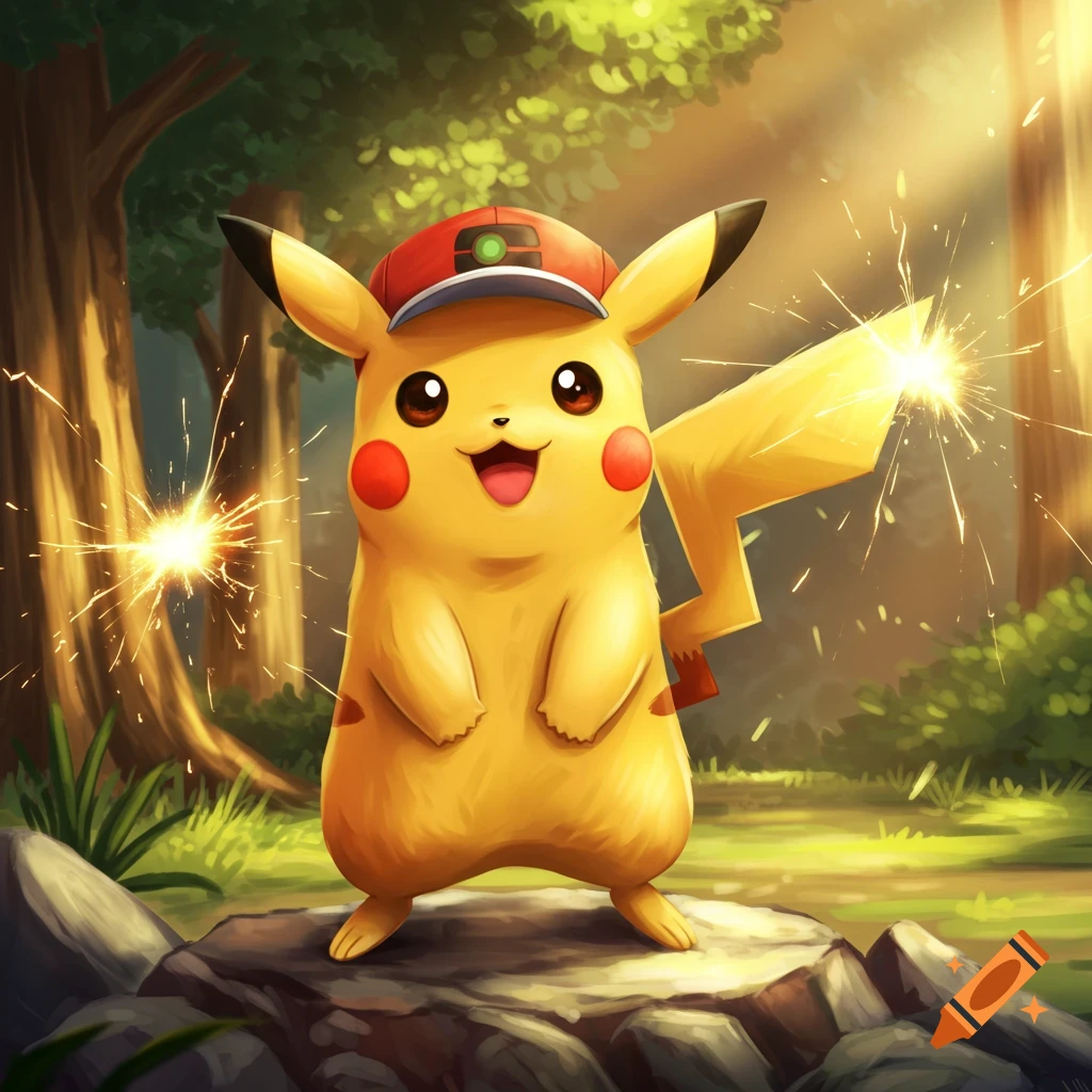 Pikachu wearing a red hat stands on rocks in a forest, holding two sparkling sparklers.