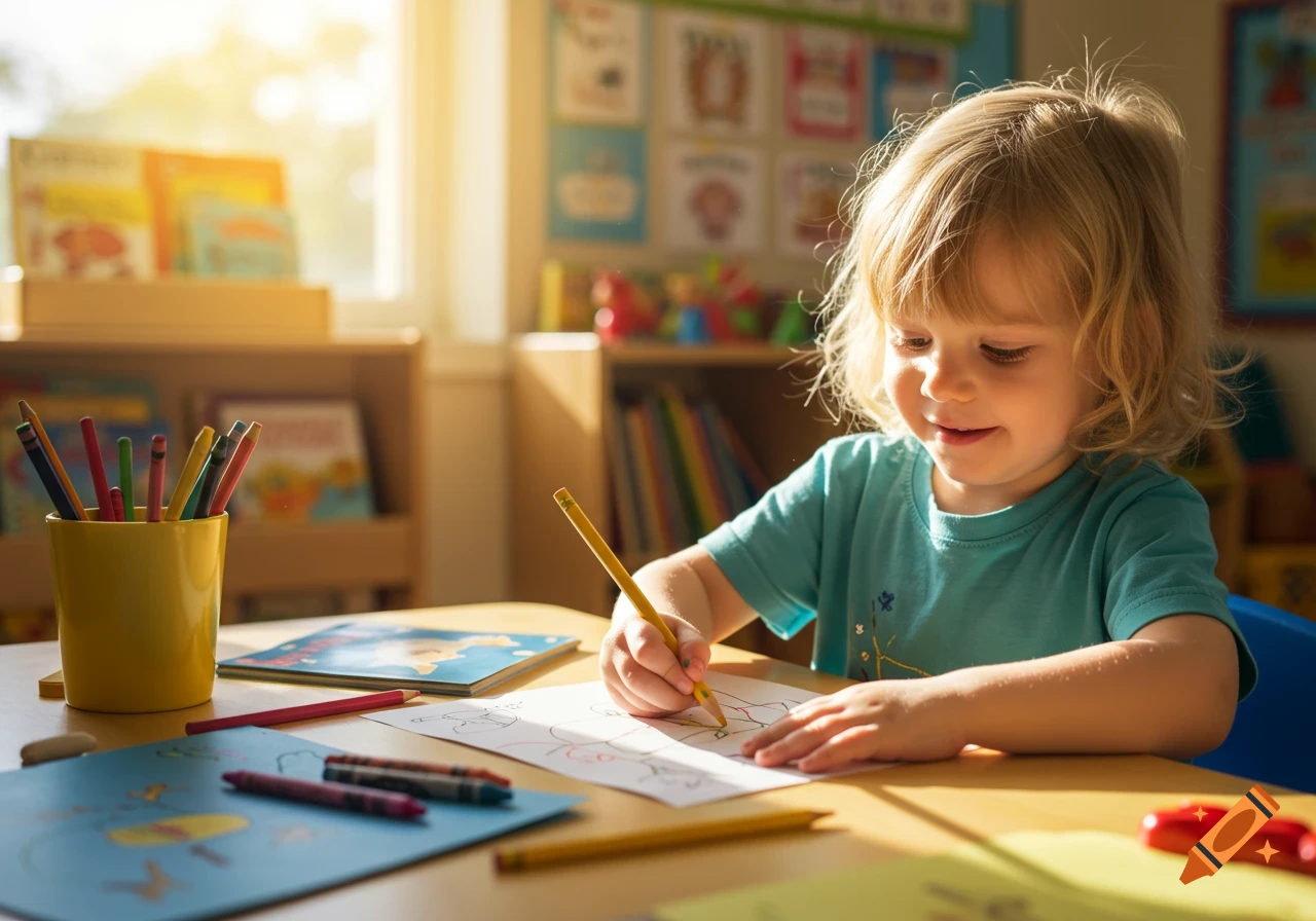 A happy preschooler with blonde hair draws at a desk with colored pencils in a brightly lit classroom.