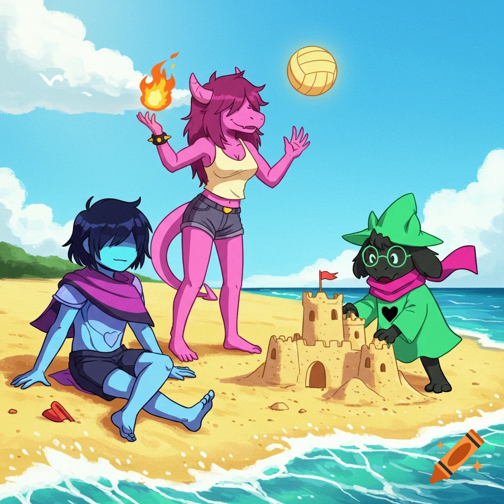 Kris, Susie, and Ralsei from Deltarune enjoying a sunny day at the beach. Kris sits by the water, Susie plays with fire and a volleyball, and Ralsei builds a sandcastle.