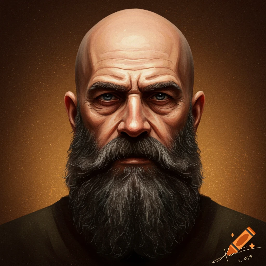Digital art portrait of a serious bald man with a long gray beard, looking directly forward.