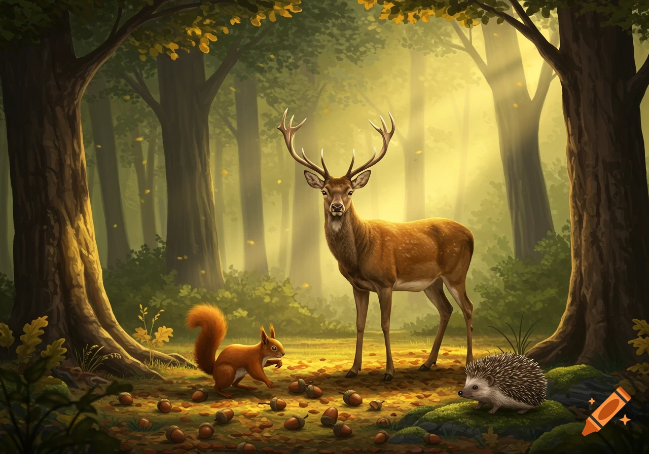 An illustrated deer, squirrel, and hedgehog on a sunlit forest floor covered in acorns, with tall trees in the background.