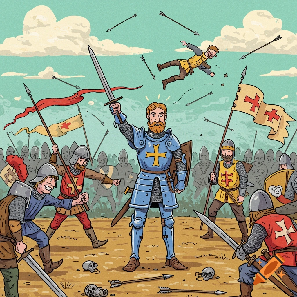A cartoon medieval battle scene. A knight in blue armor raises a sword as soldiers clash, with arrows flying and banners waving.