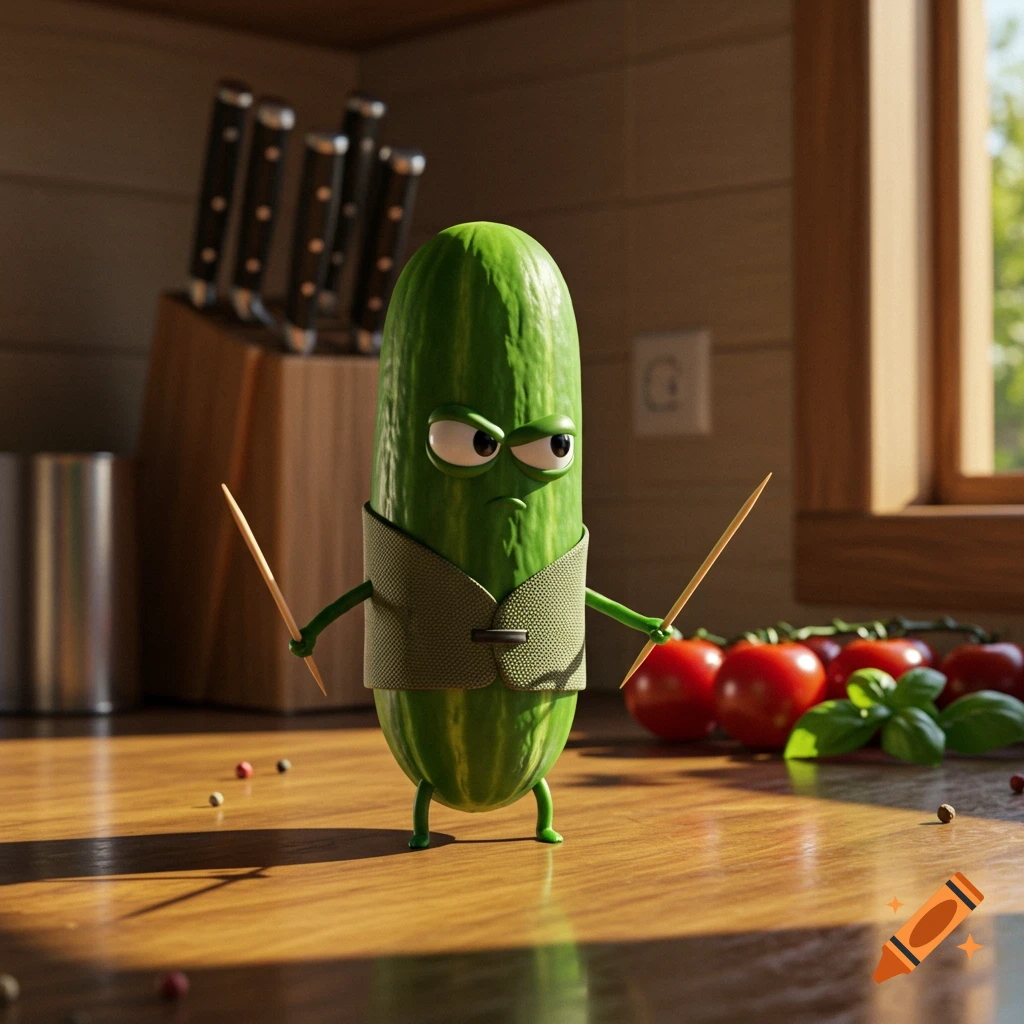 A cartoon cucumber character wearing a vest and holding two skewers stands on a kitchen counter with tomatoes and basil.